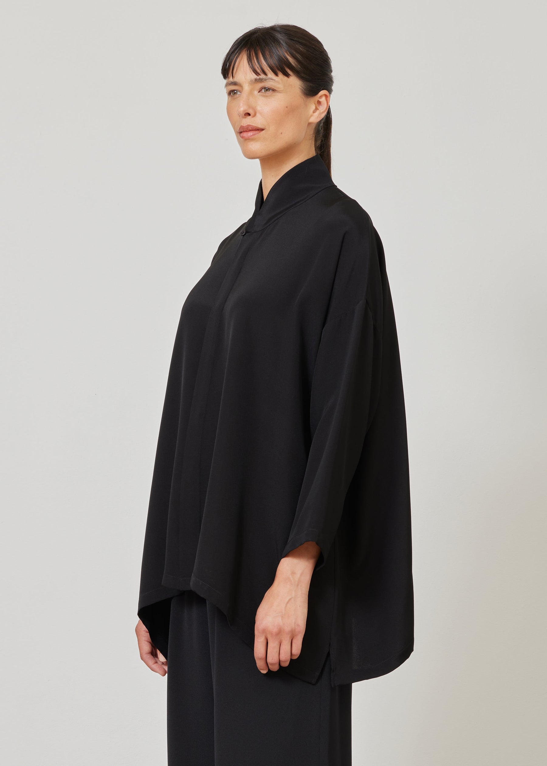 silk wide a-line shirt with chinese collar - long
