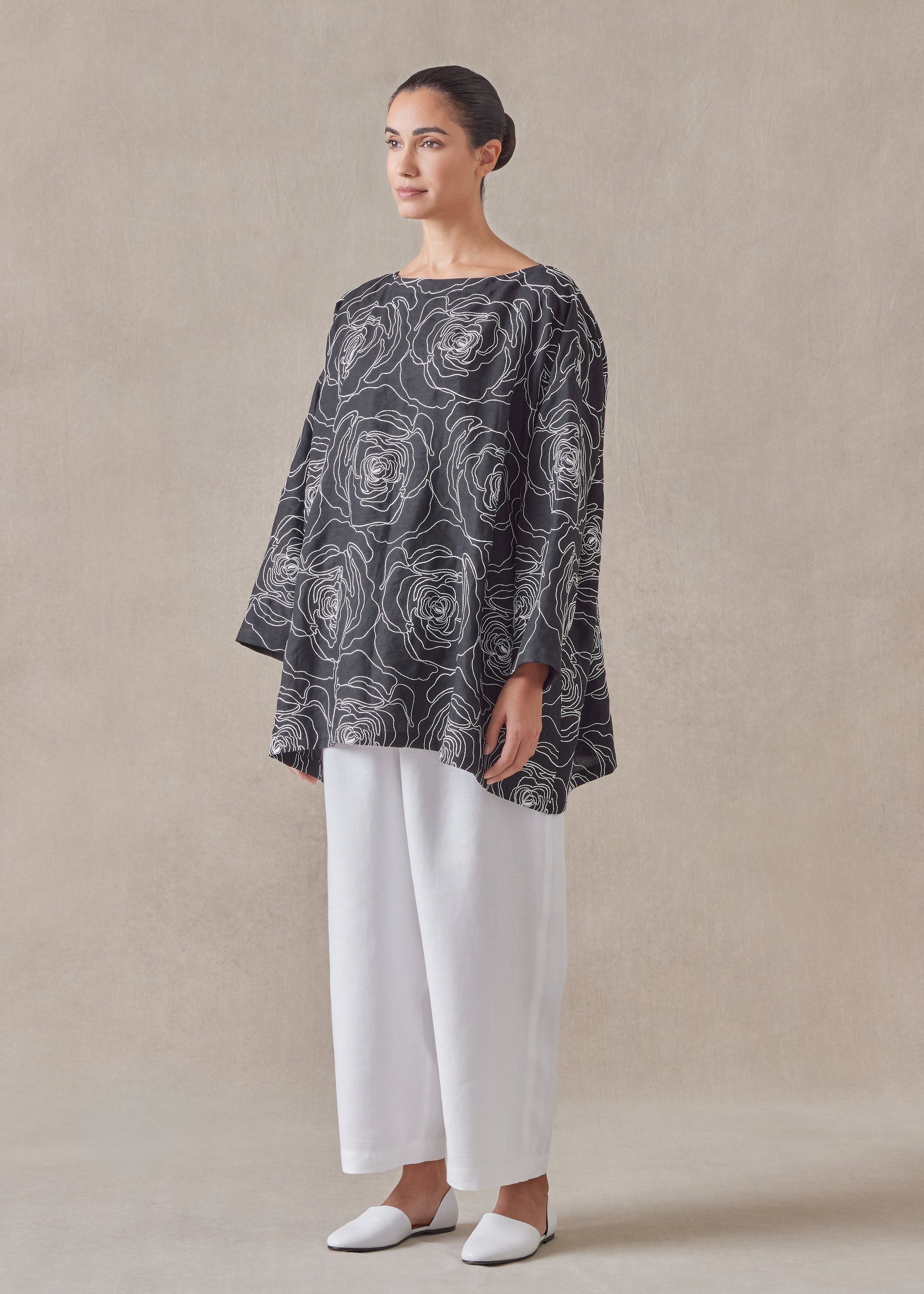 cotton linen mix wide a-line scoop neck tunic - long
