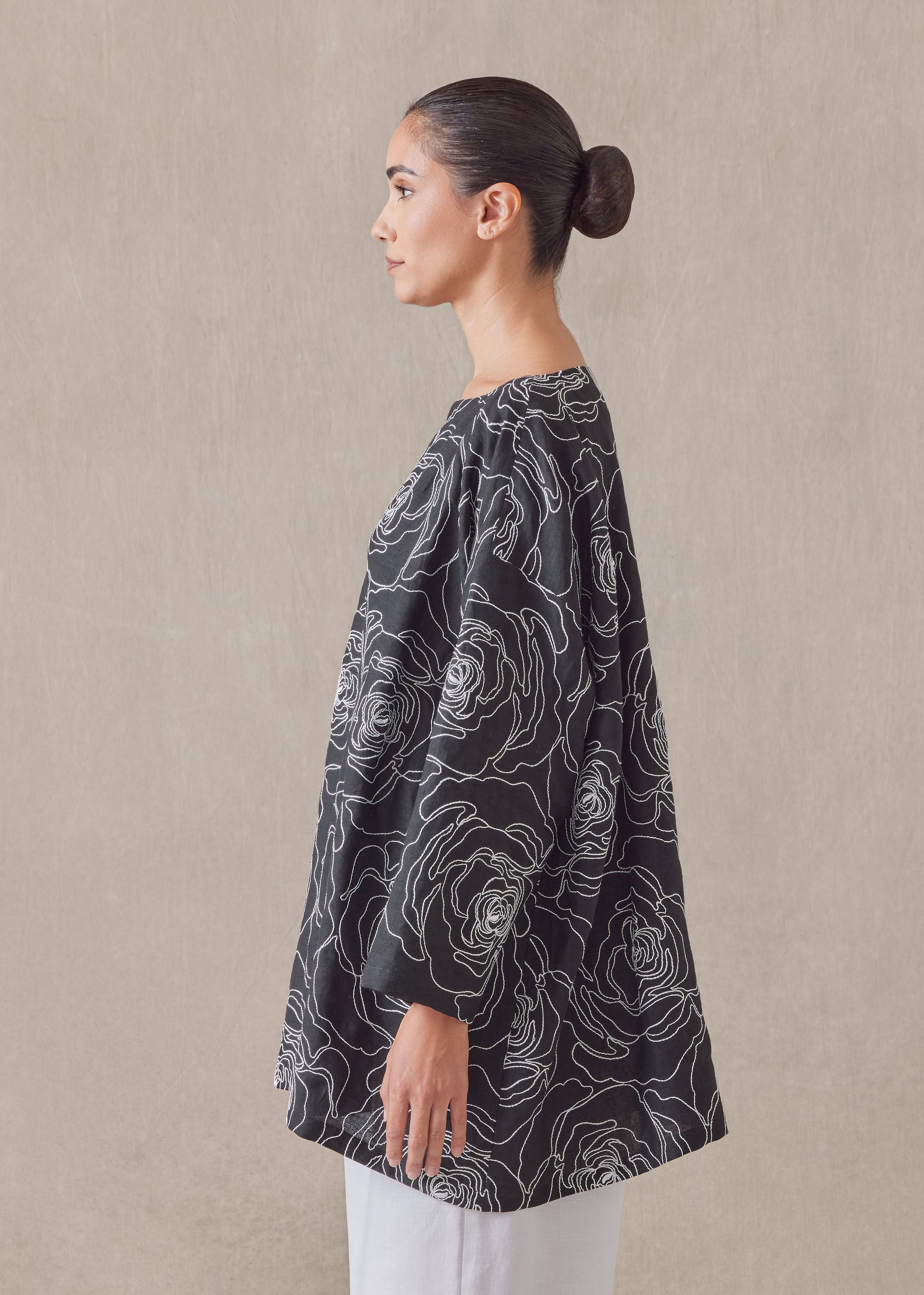 cotton linen mix wide a-line scoop neck tunic - long