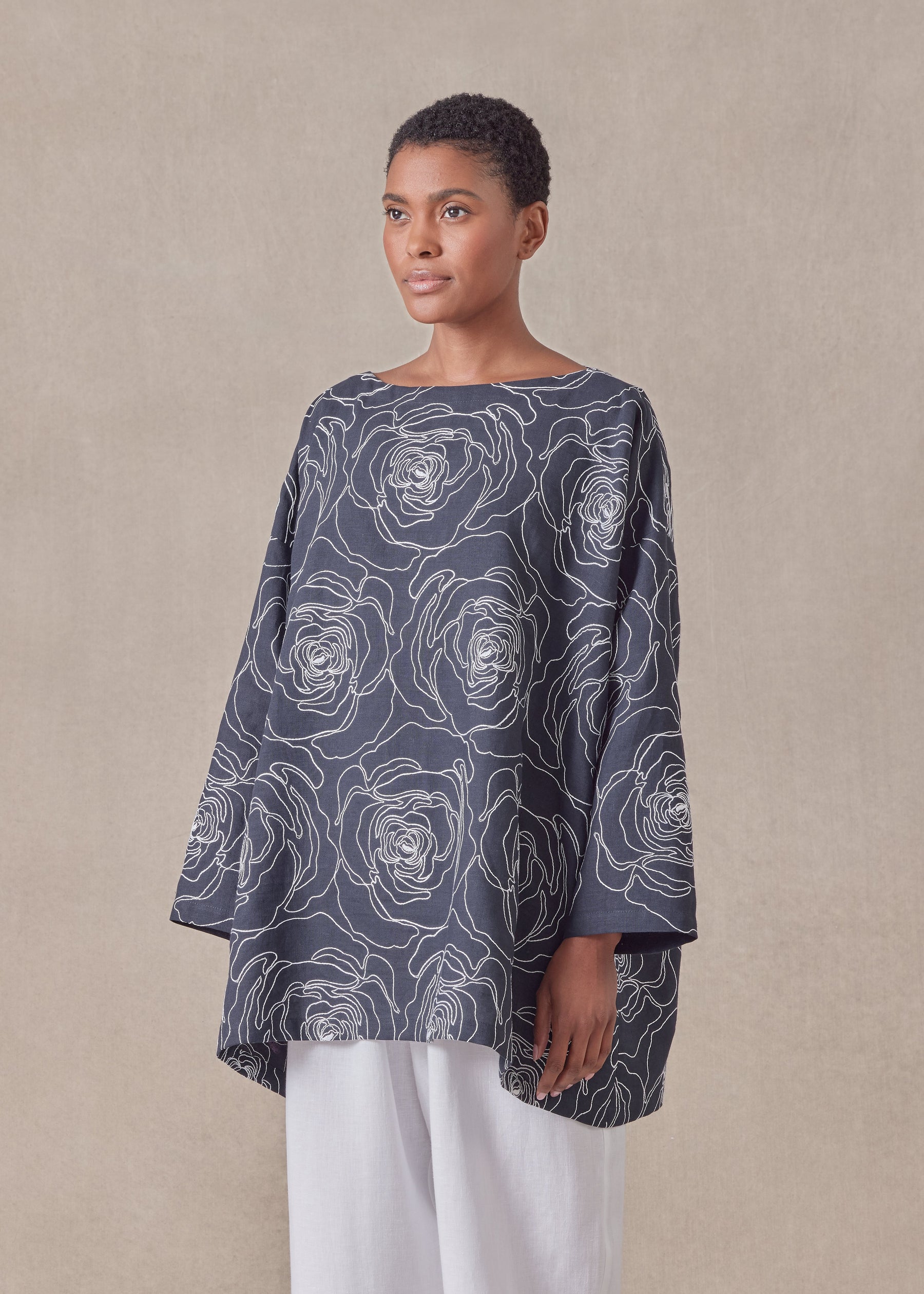 cotton linen mix wide a-line scoop neck tunic - long