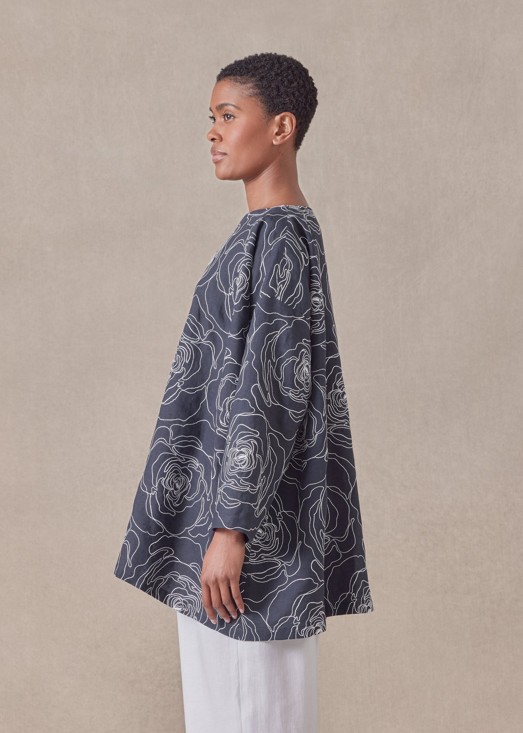 cotton linen mix wide a-line scoop neck tunic - long