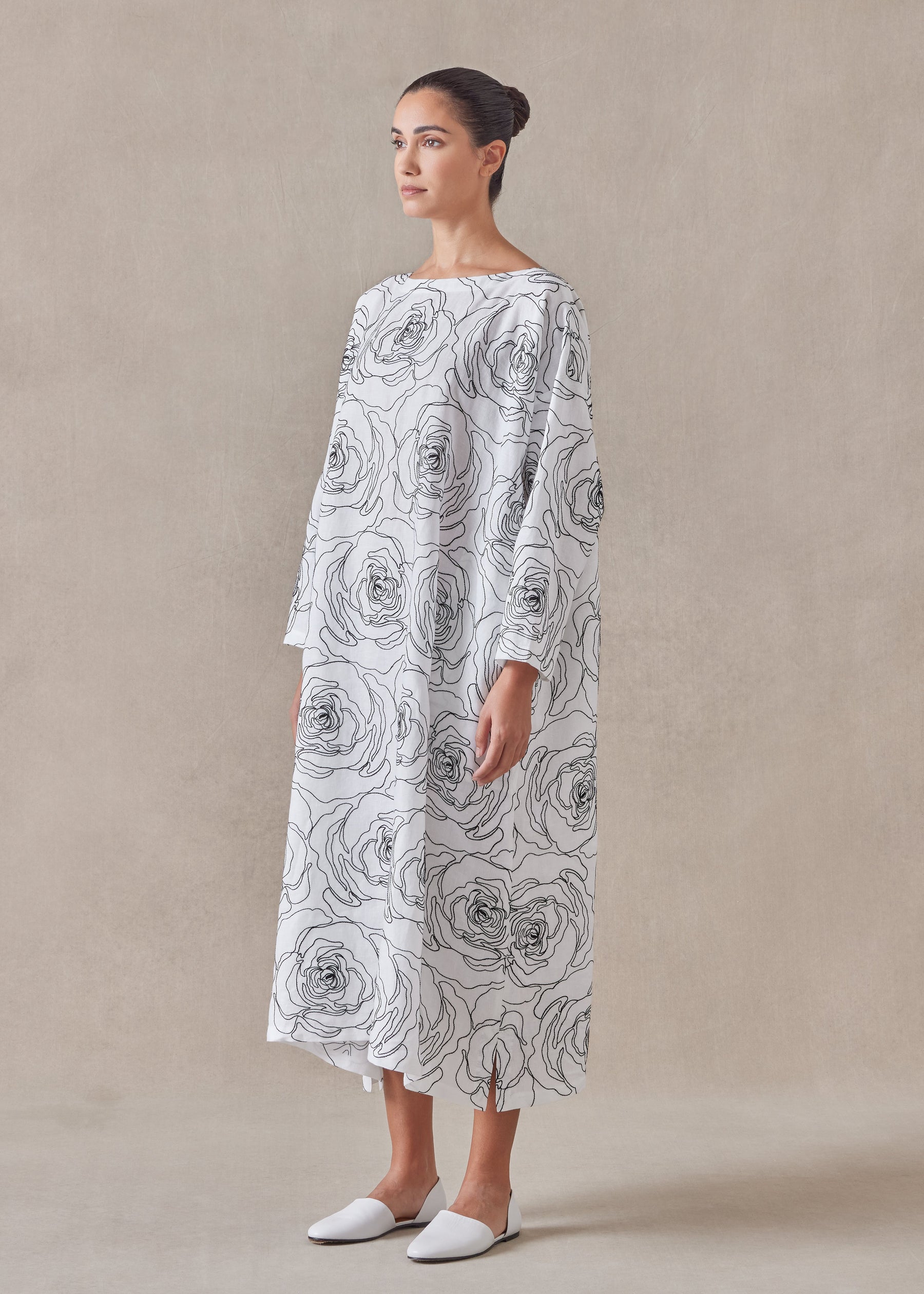 cotton linen mix wide a-line scoop neck dress