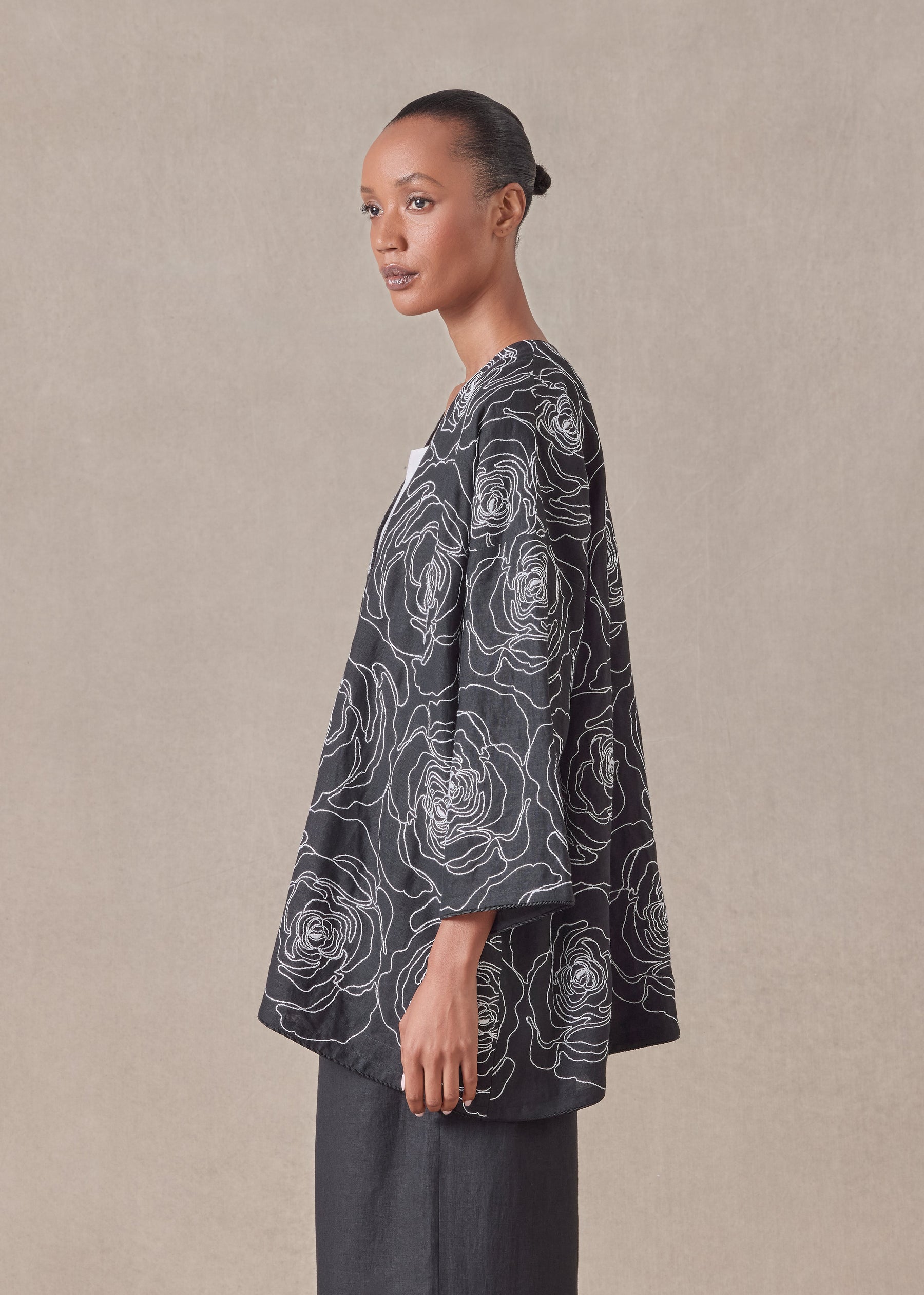 cotton linen mix wide a-line v-neck jacket - long