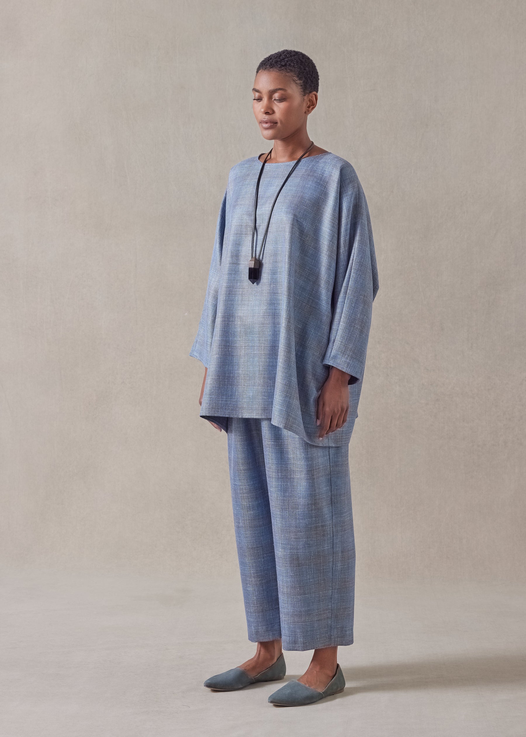 silk linen wool mix boat neck top - long