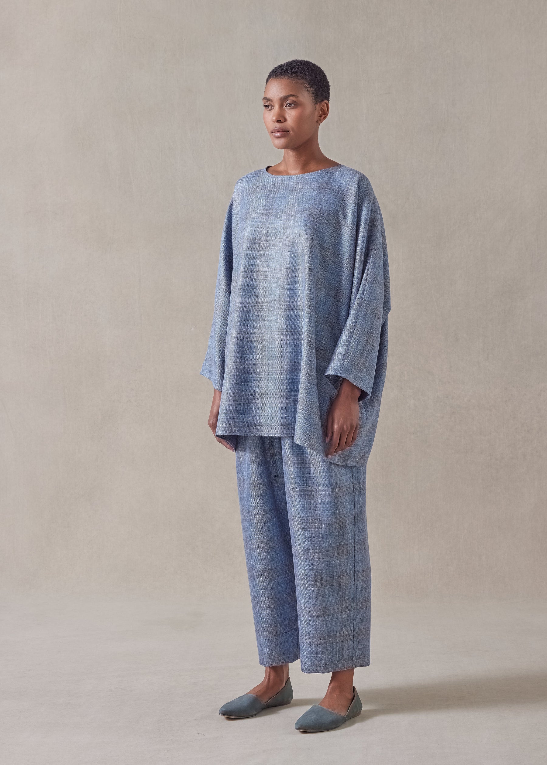 silk linen wool mix boat neck top - long