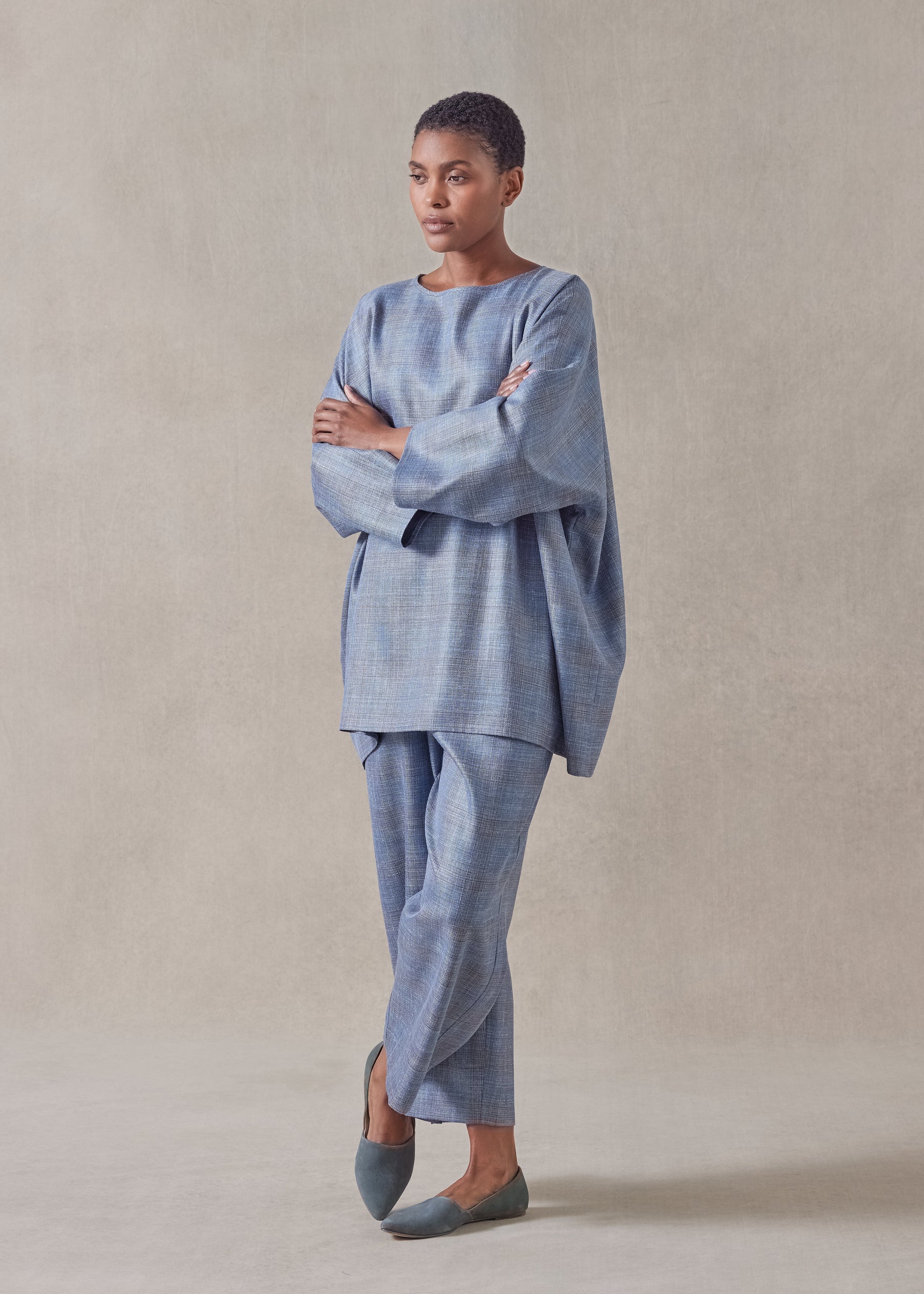silk linen wool mix boat neck top - long