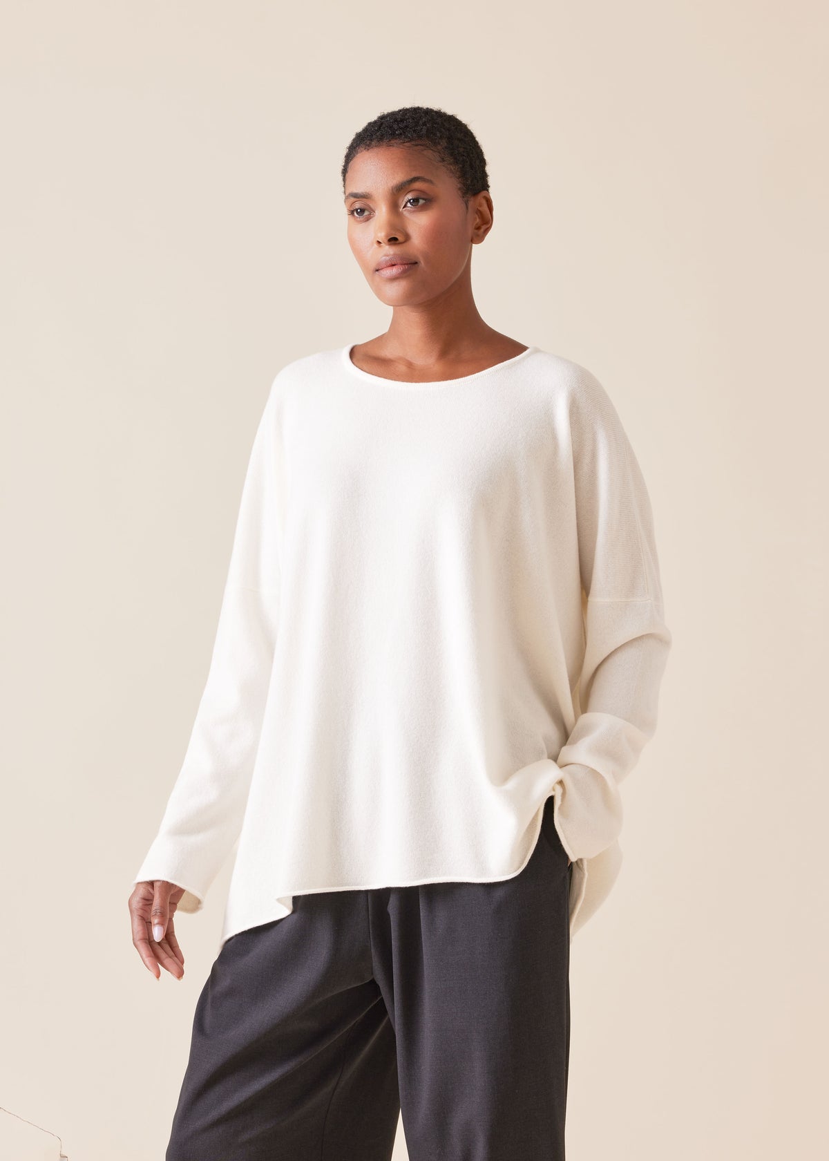 cashmere slim sleeve raw edge bateau neck  sweater - mid plus