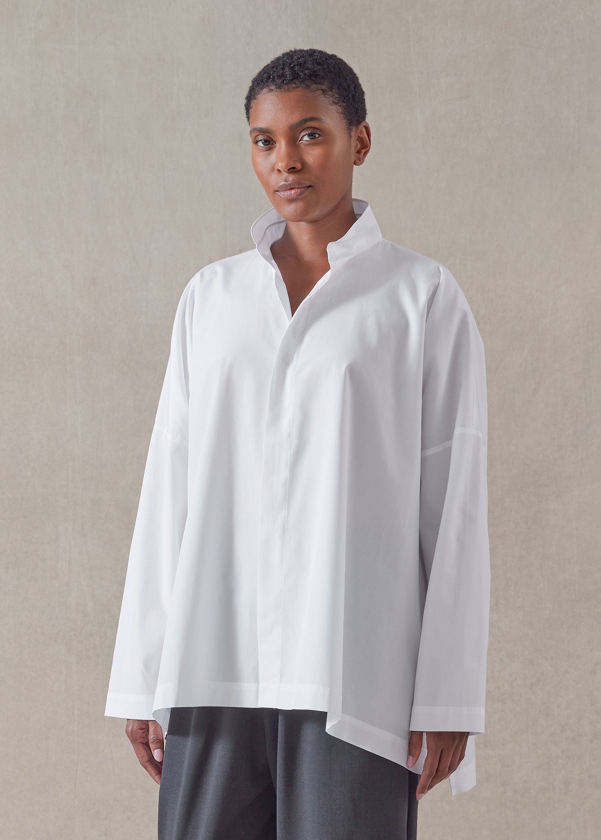 cotton wide longer back double stand collar shirt - mid plus