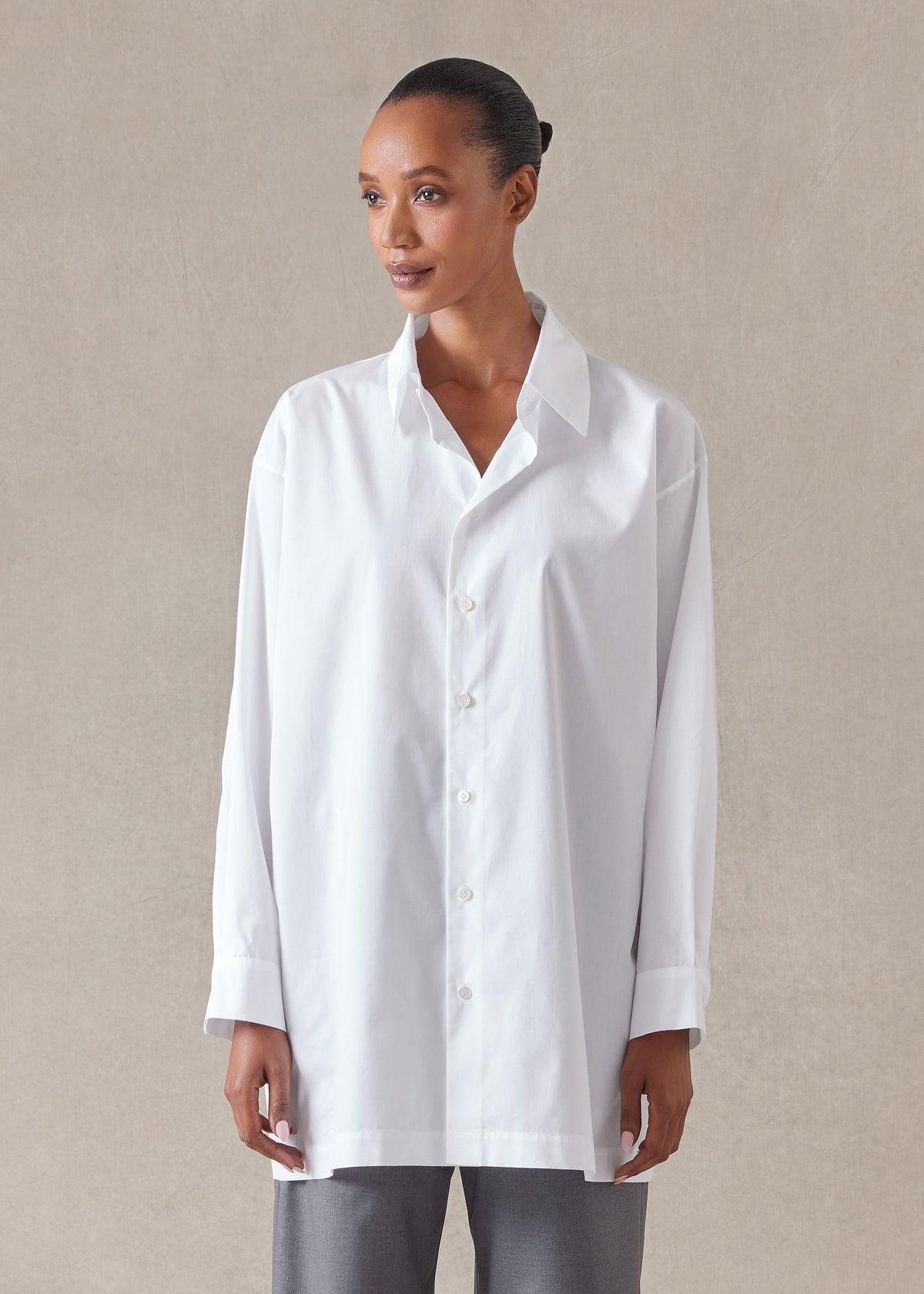 cotton poplin slim a-line back pleat shirt with collar - long plus