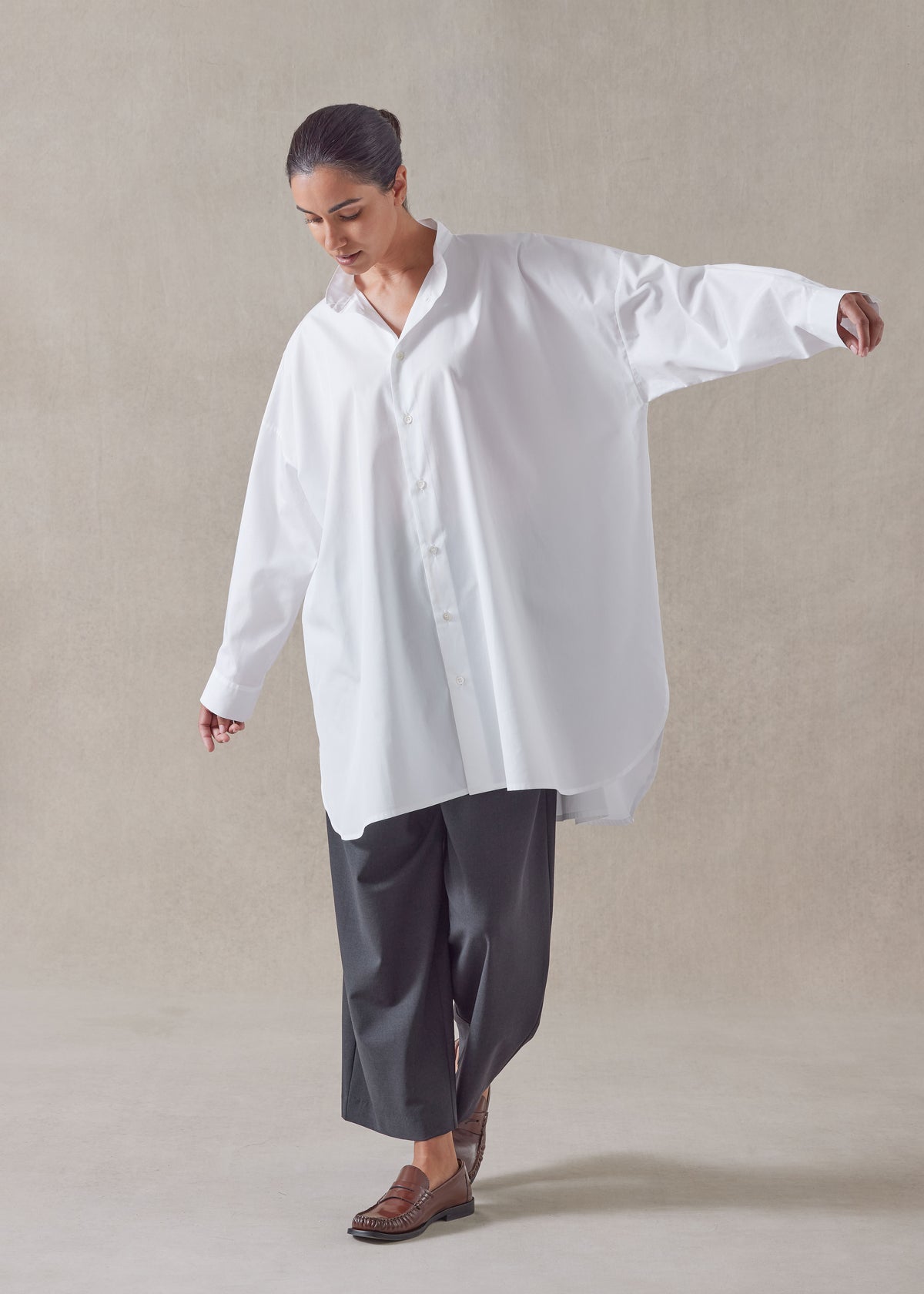 cotton wide a-line collarless classic shirt - long plus