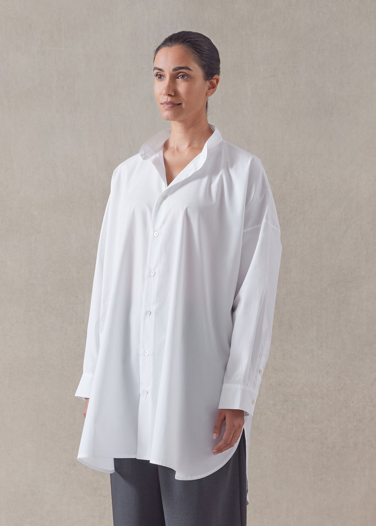 cotton wide a-line collarless classic shirt - long plus