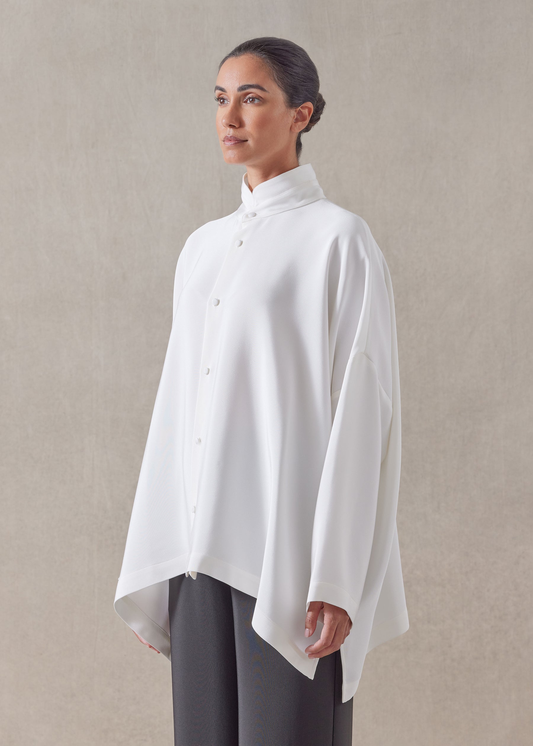 silk wide longer back double stand collar shirt - mid plus