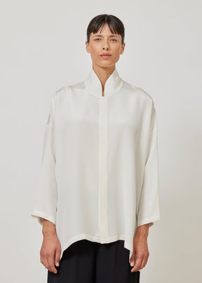 silk wide a-line shirt with chinese collar - long