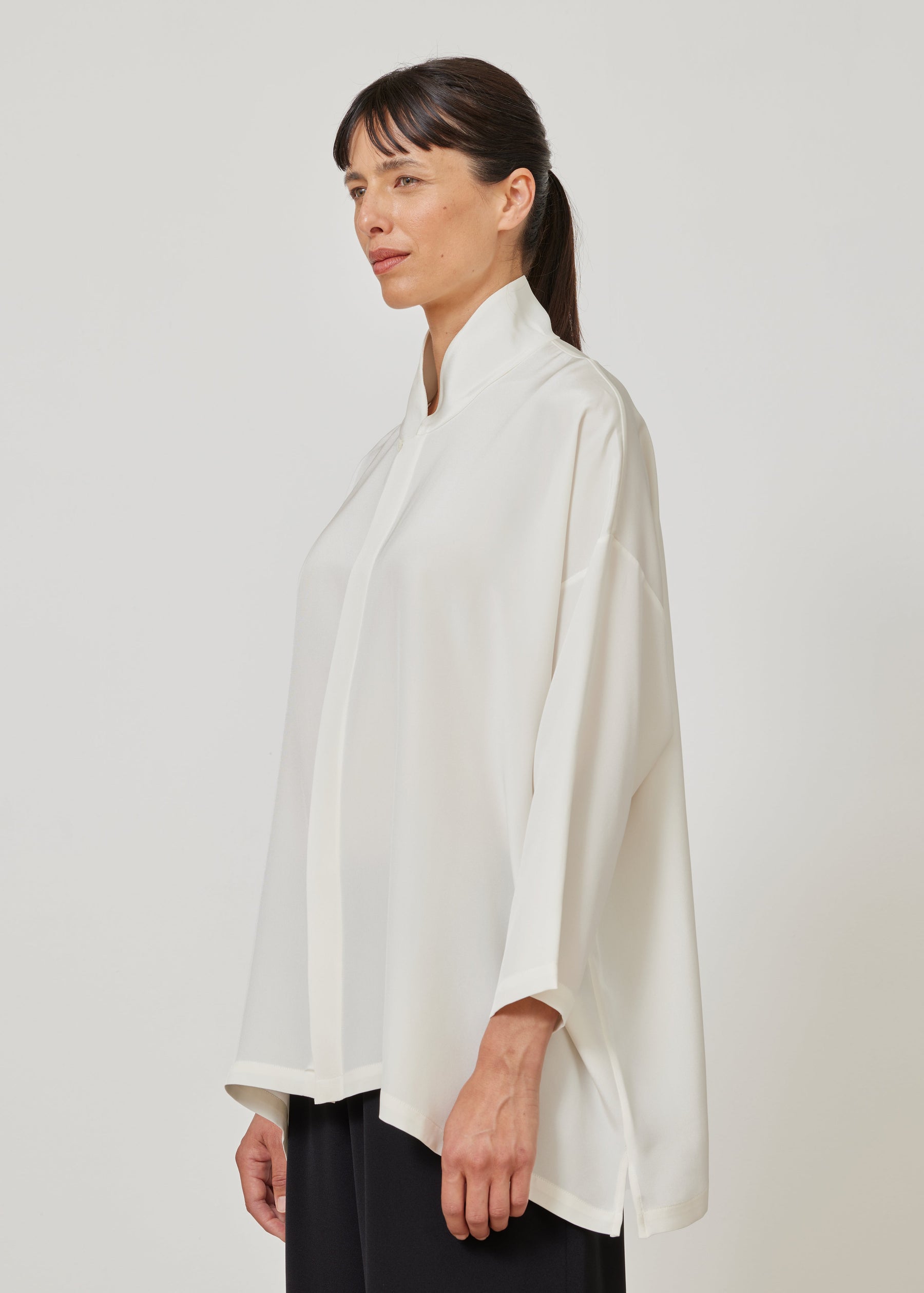 silk wide a-line shirt with chinese collar - long