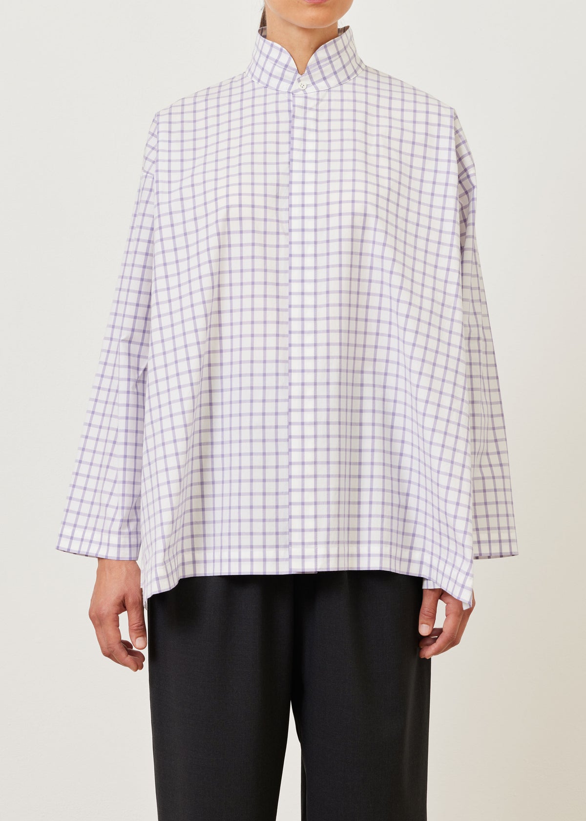 cotton slim a-line shirt with double stand collar and stepped insert - long