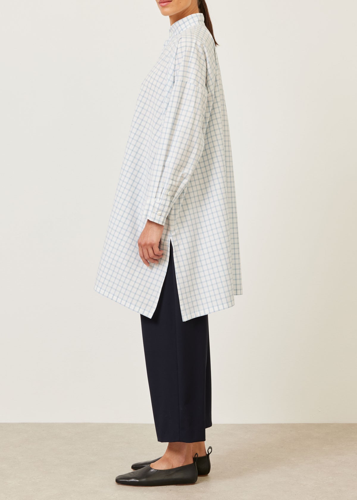 cotton wide a-line collarless shirt - very long with slits