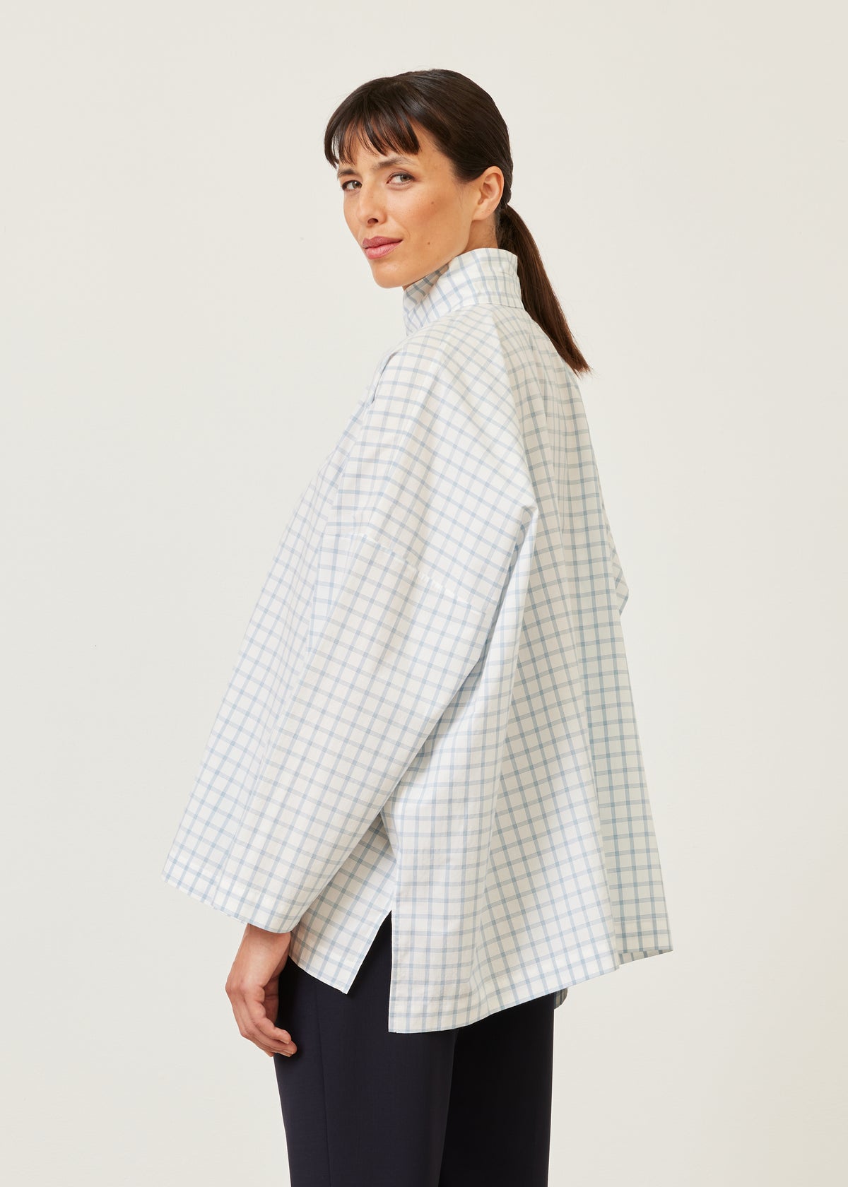 cotton wide longer back double stand collar shirt - mid plus