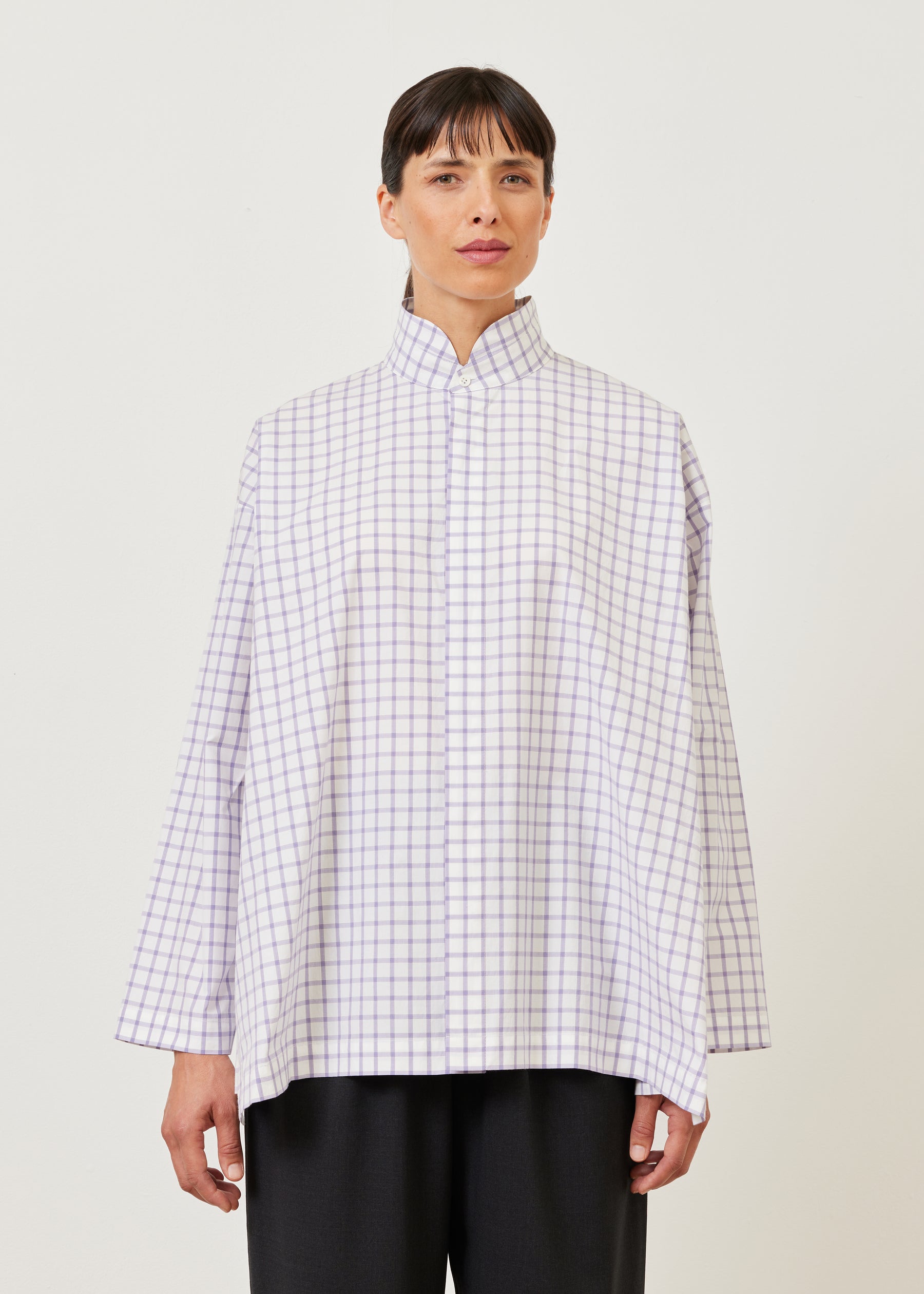 cotton slim a-line shirt with double stand collar and stepped insert - long