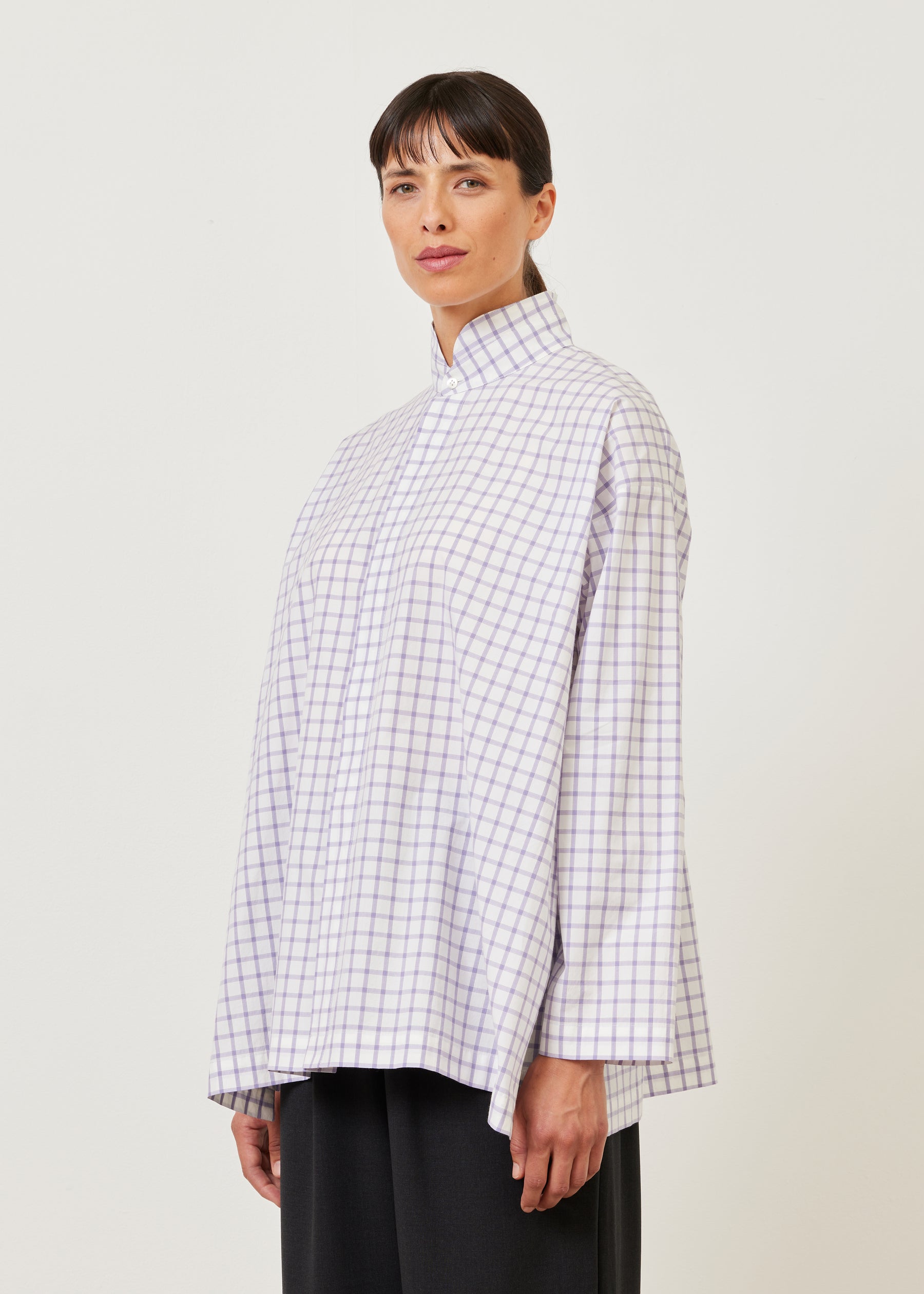 cotton slim a-line shirt with double stand collar and stepped insert - long