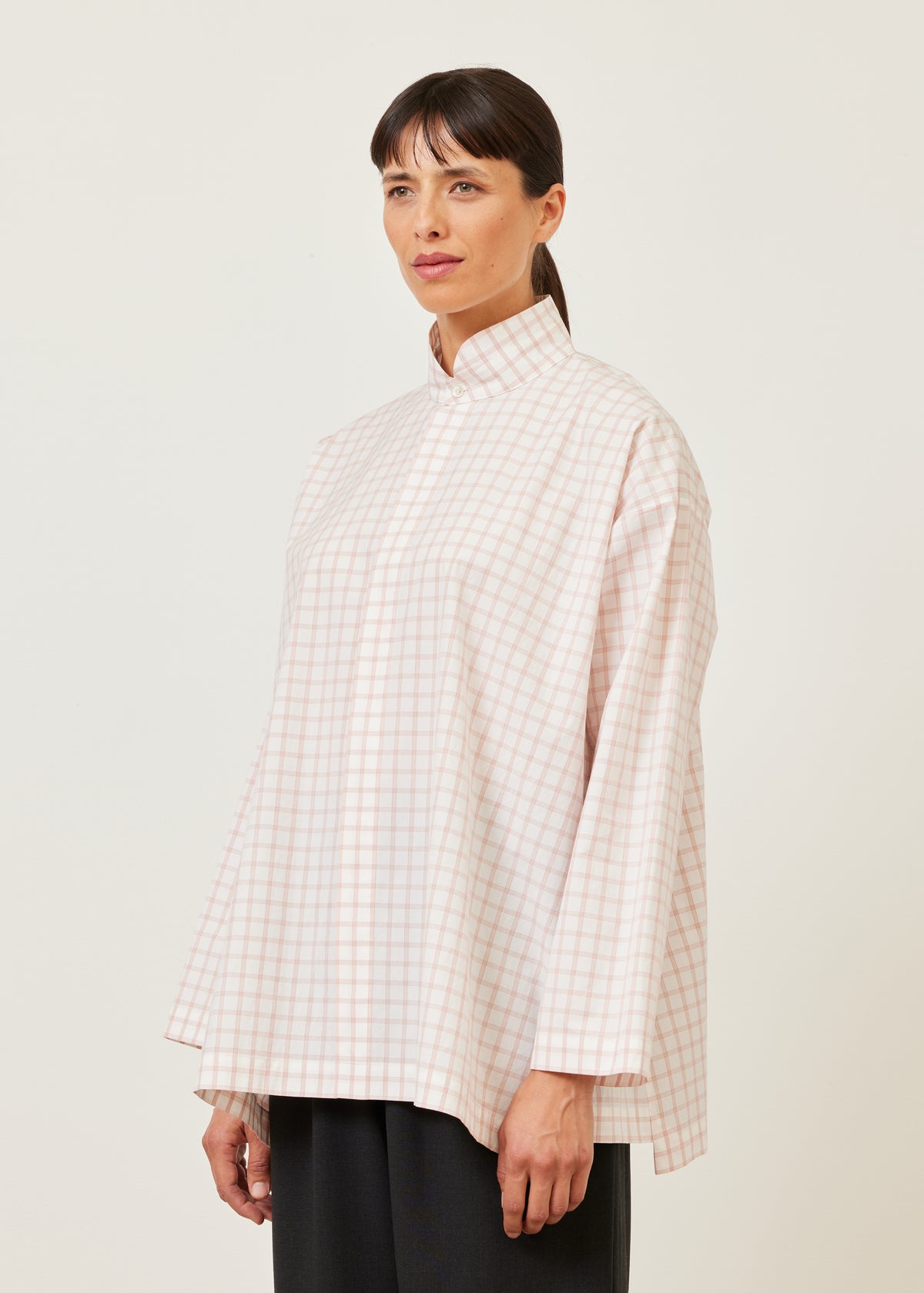 cotton slim a-line shirt with double stand collar and stepped insert - long