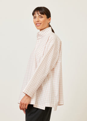 cotton slim a-line shirt with double stand collar and stepped insert - long