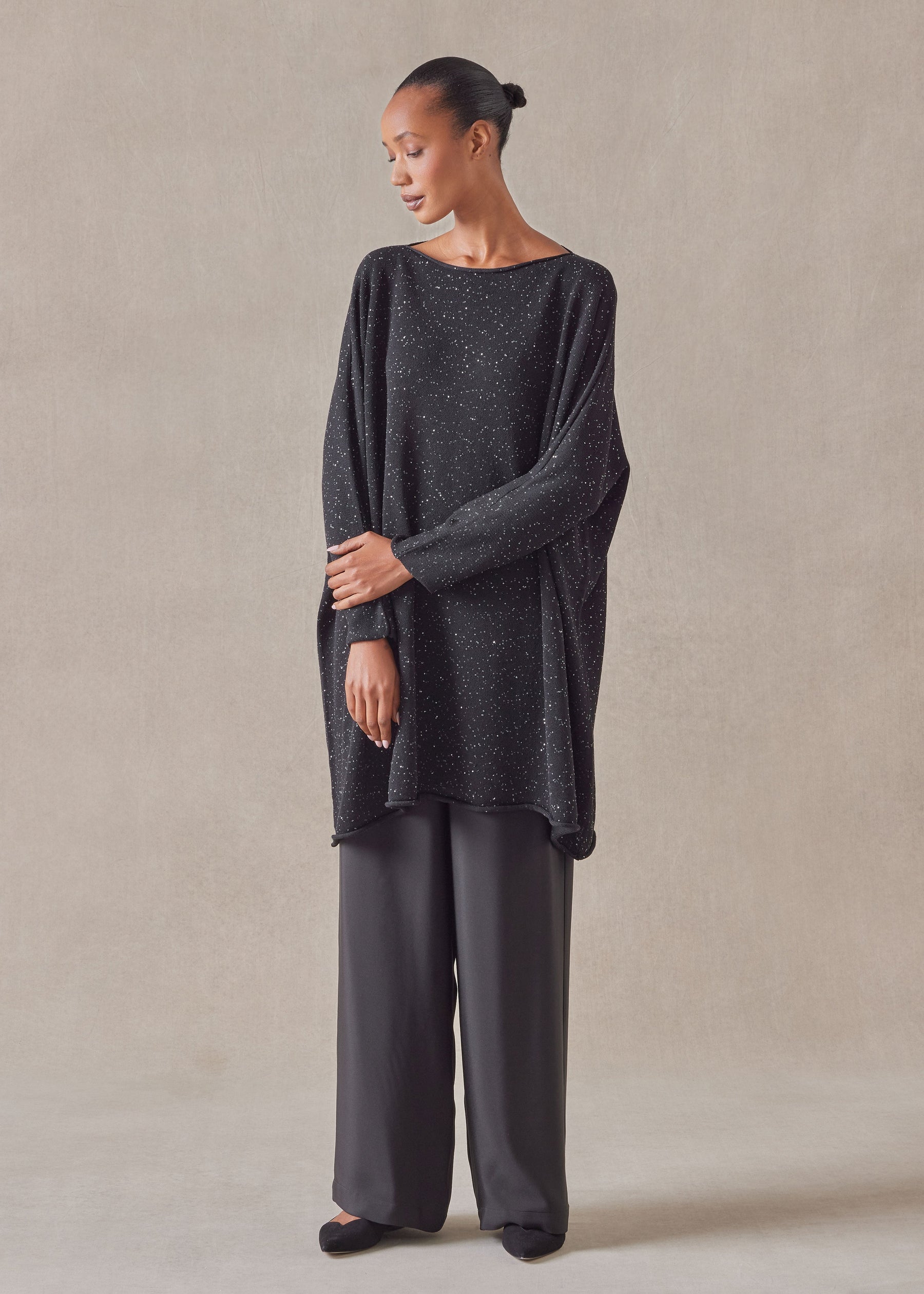 paillettes slim sleeve sideways knitted kaftan sweater - long plus