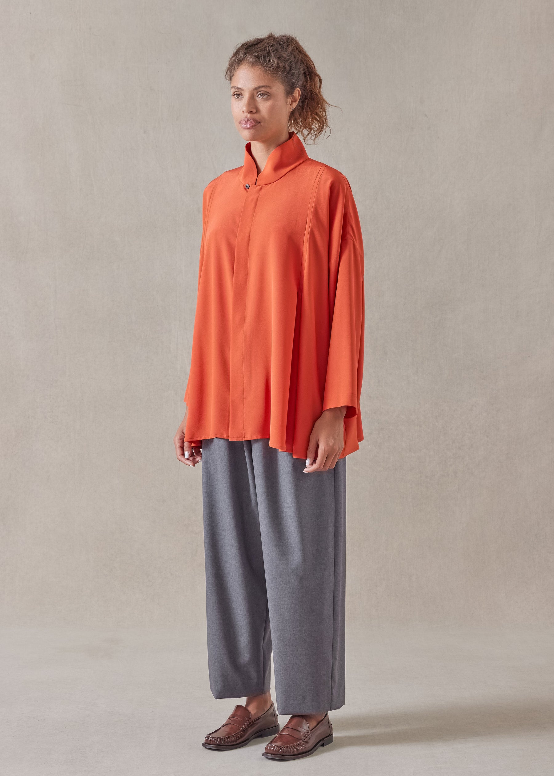 silk pleated shoulder swing shirt with chinese collar - long