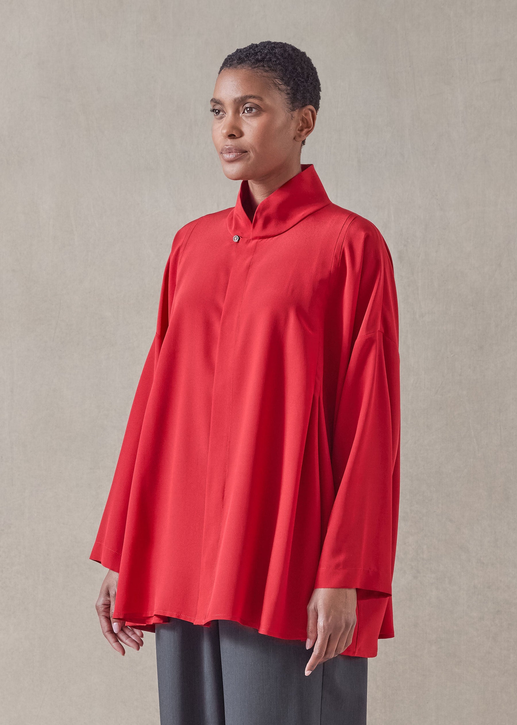 silk pleated shoulder swing shirt with chinese collar - long