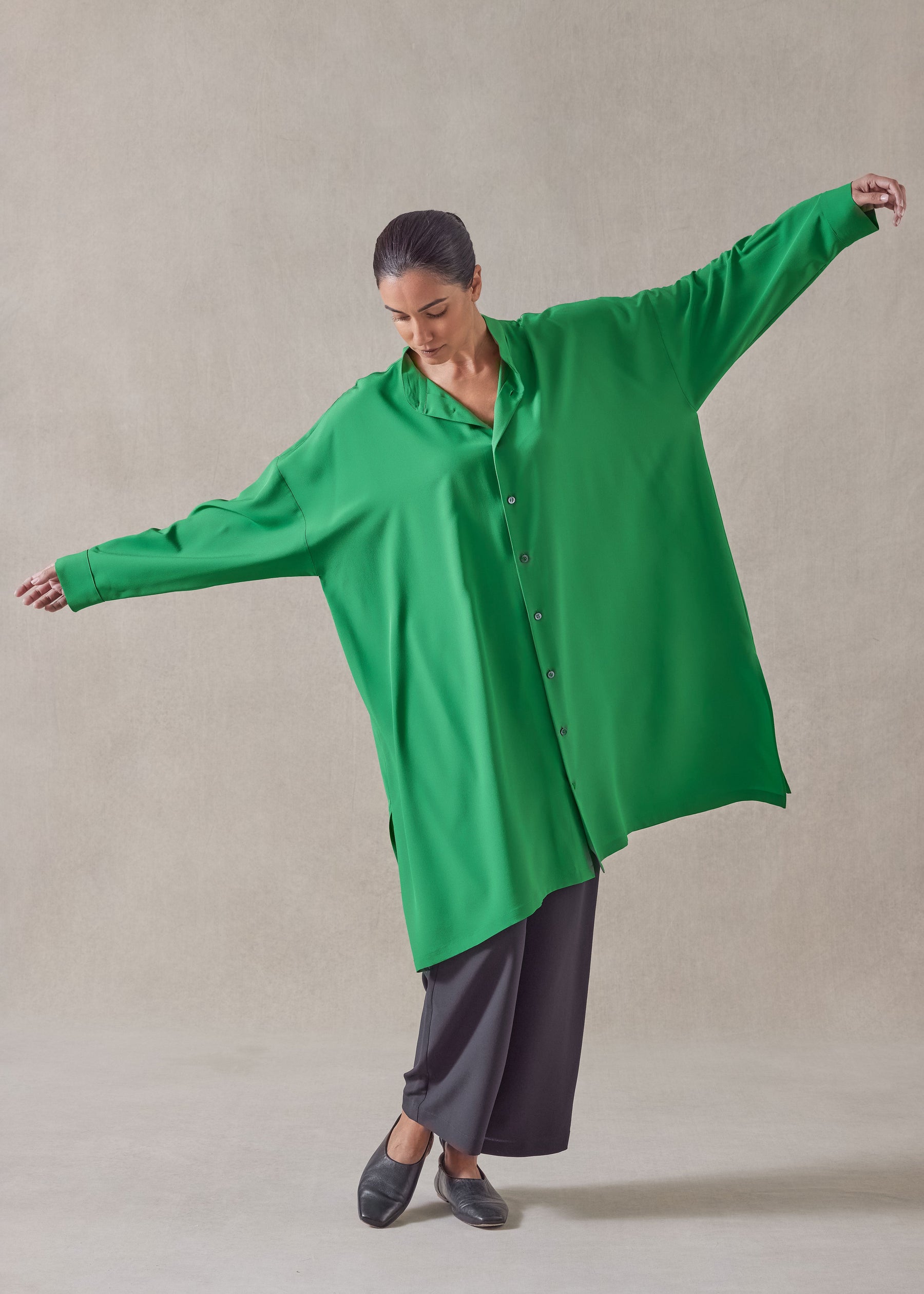 silk wide a-line collarless shirt - very long with slits