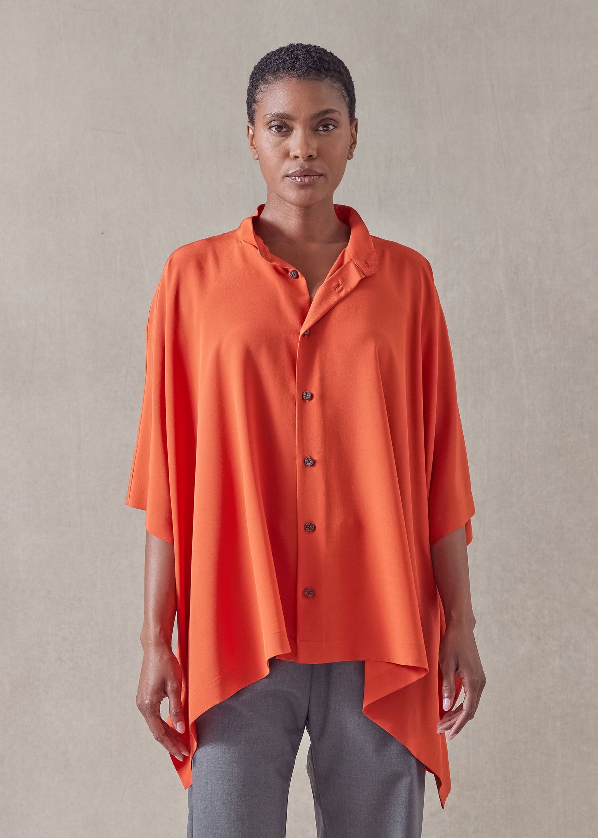 silk collarless longer back kaftan shirt - mid plus