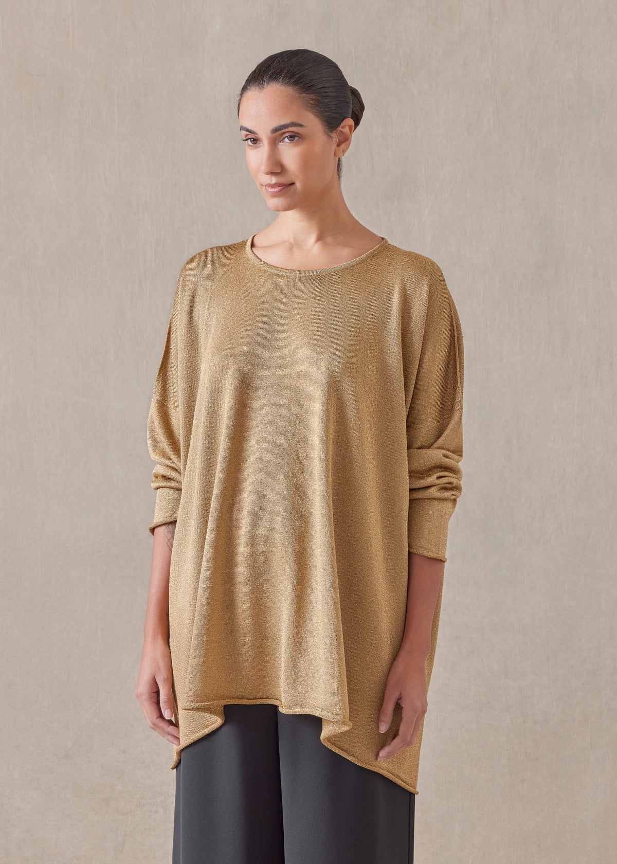 metallicised mix a-line bateau neck knitted sweater - long