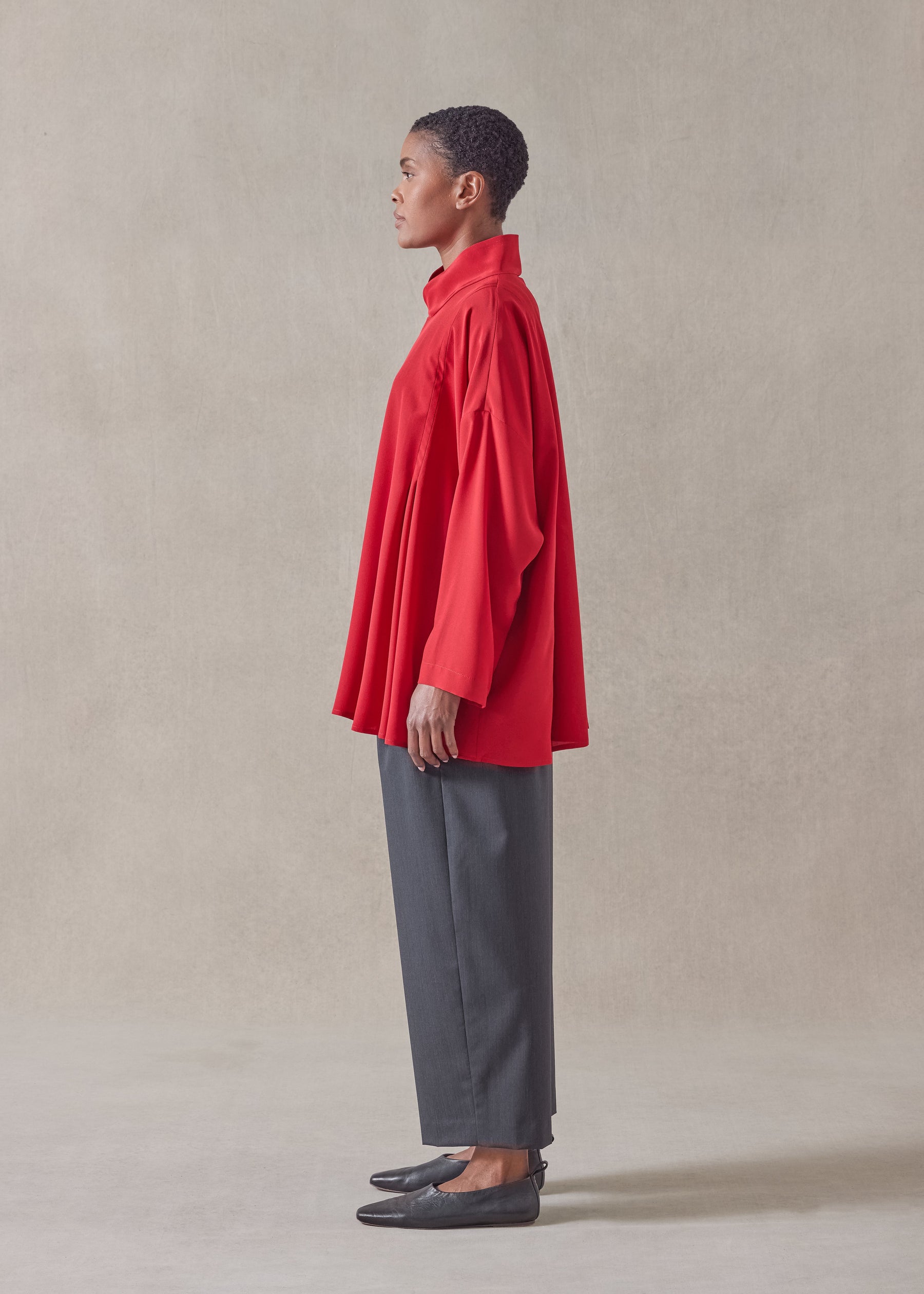 silk pleated shoulder swing shirt with chinese collar - long