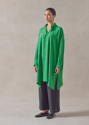 silk wide a-line collarless shirt - very long with slits