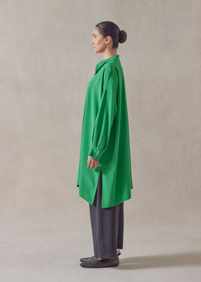 silk wide a-line collarless shirt - very long with slits