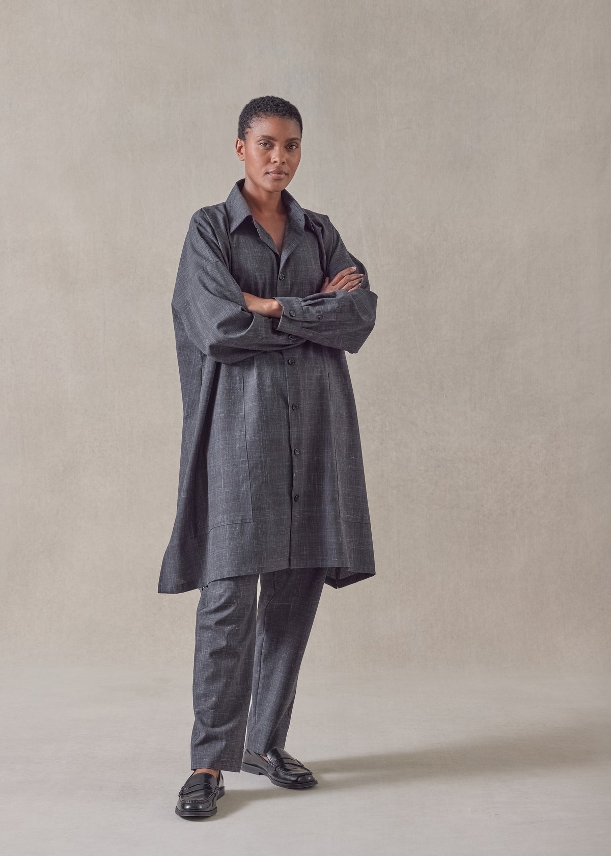 wool linen wide a-line shirt jacket with collar - very long with slits