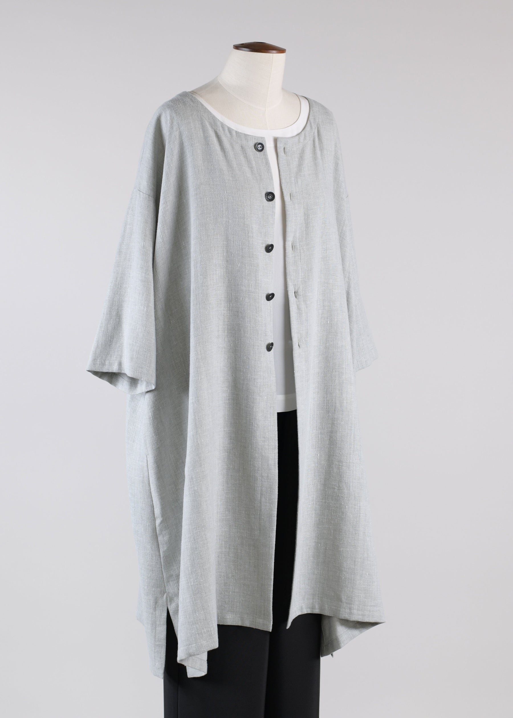 linen mix 3/4 sleeve wide a-line round neck coat - very long