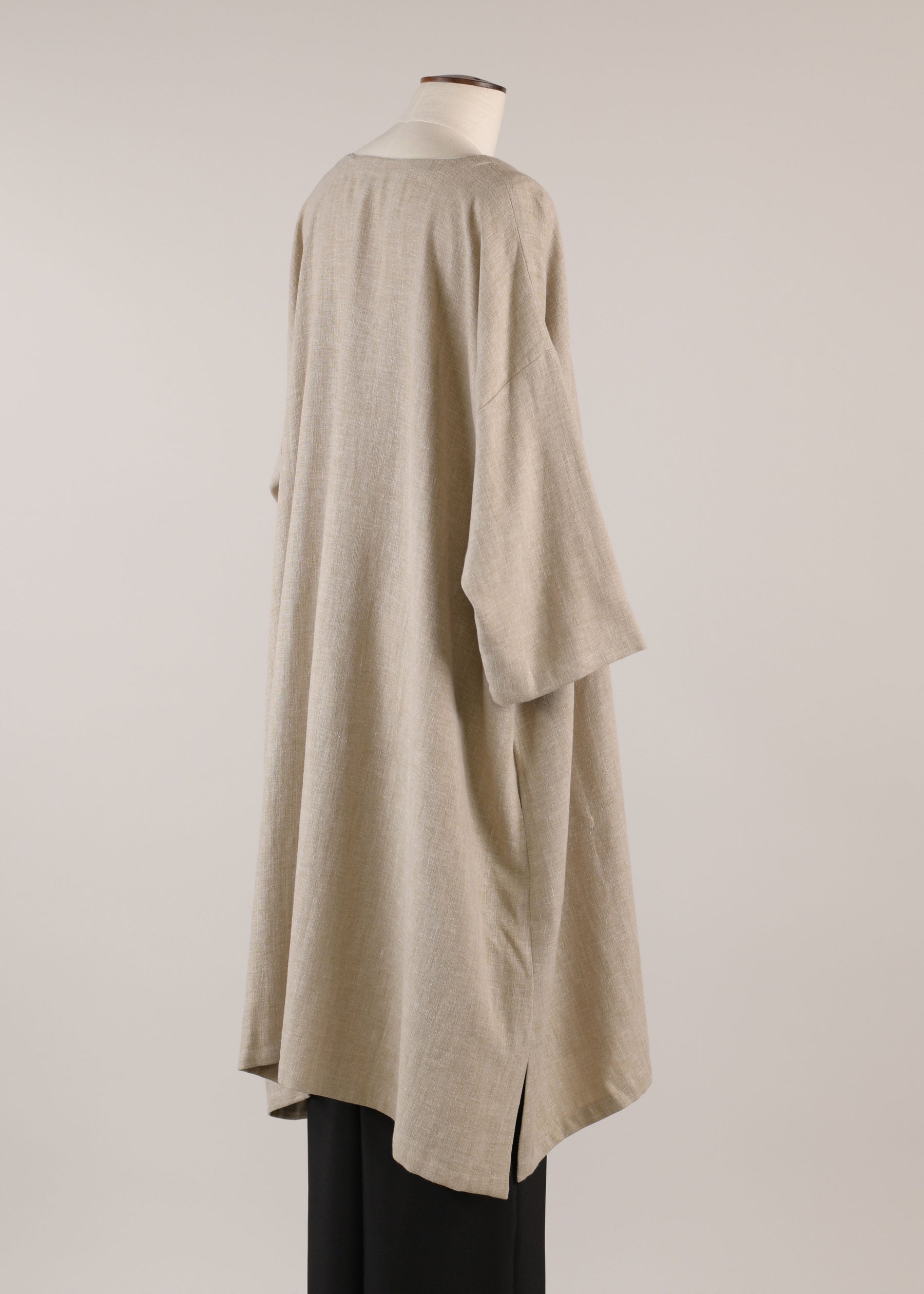 linen mix 3/4 sleeve wide a-line round neck coat - very long