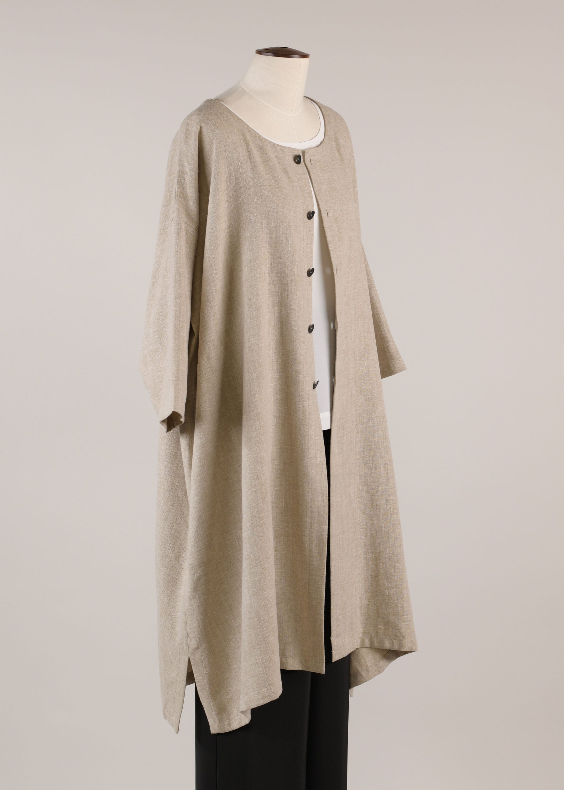 linen mix 3/4 sleeve wide a-line round neck coat - very long