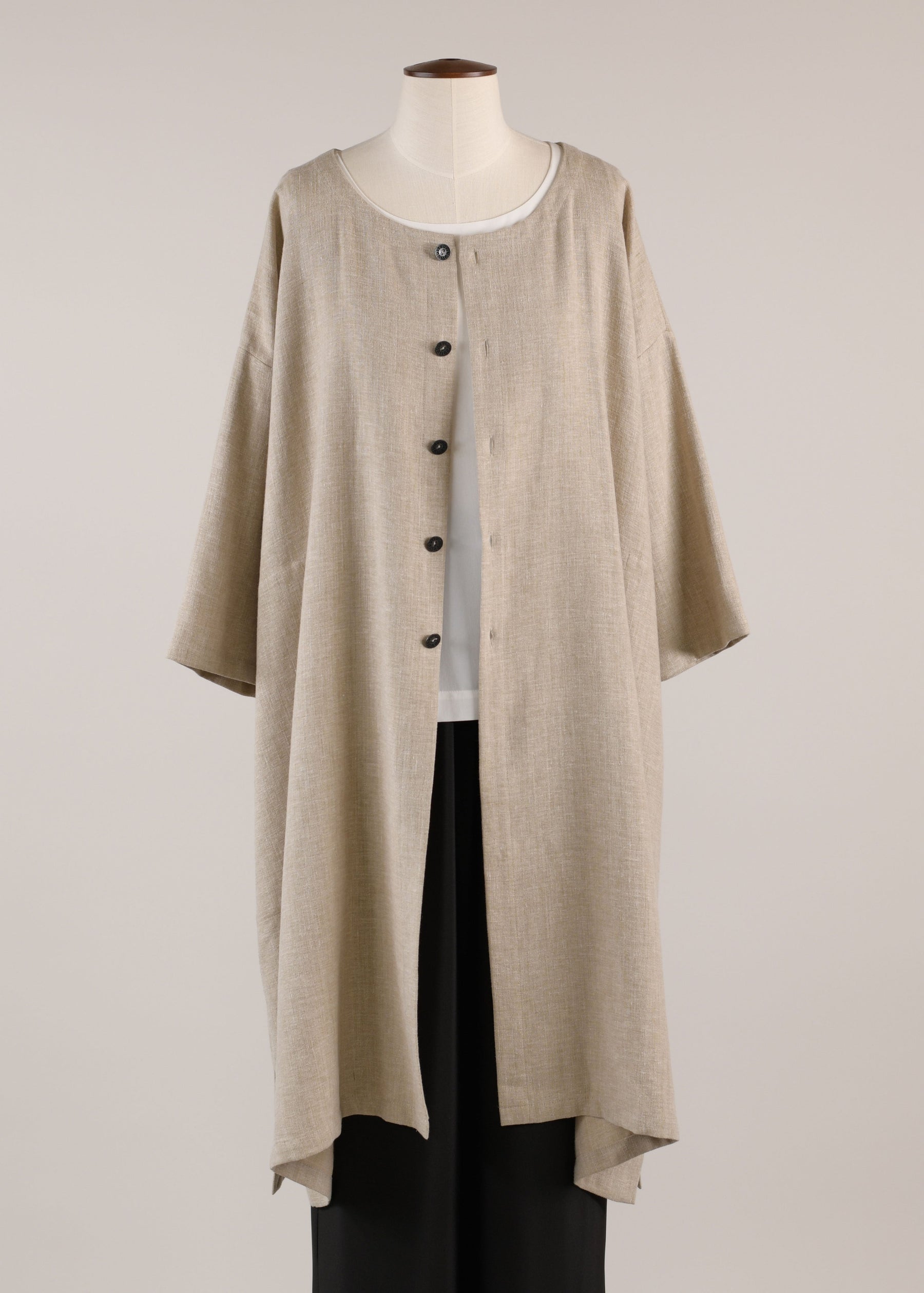 linen mix 3/4 sleeve wide a-line round neck coat - very long