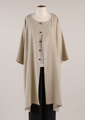 linen mix 3/4 sleeve wide a-line round neck coat - very long