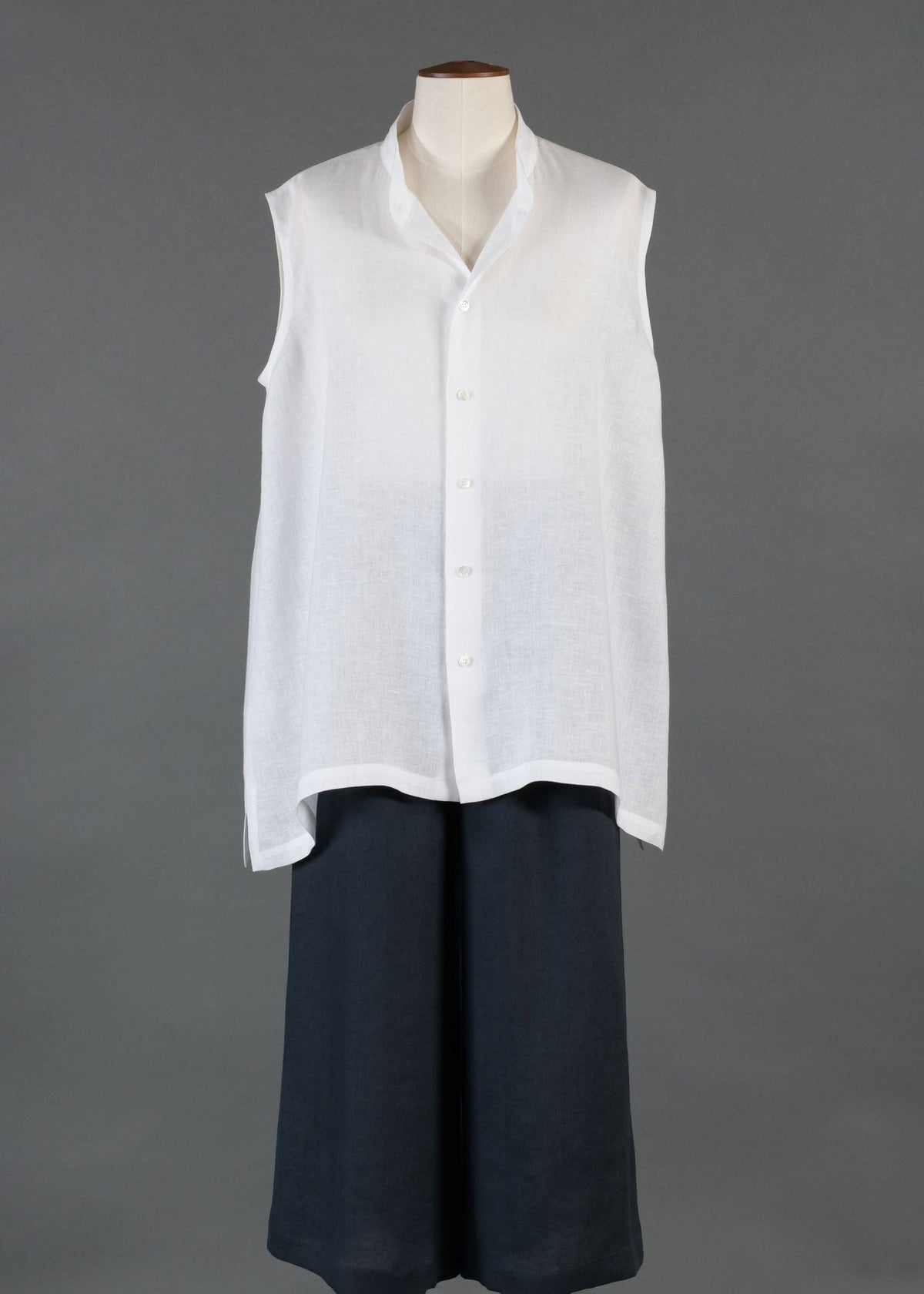 linen a-line collarless sleeveless shirt - long