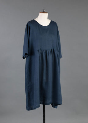 linen short sleeve a-line round neck dress with pleated panels - very long