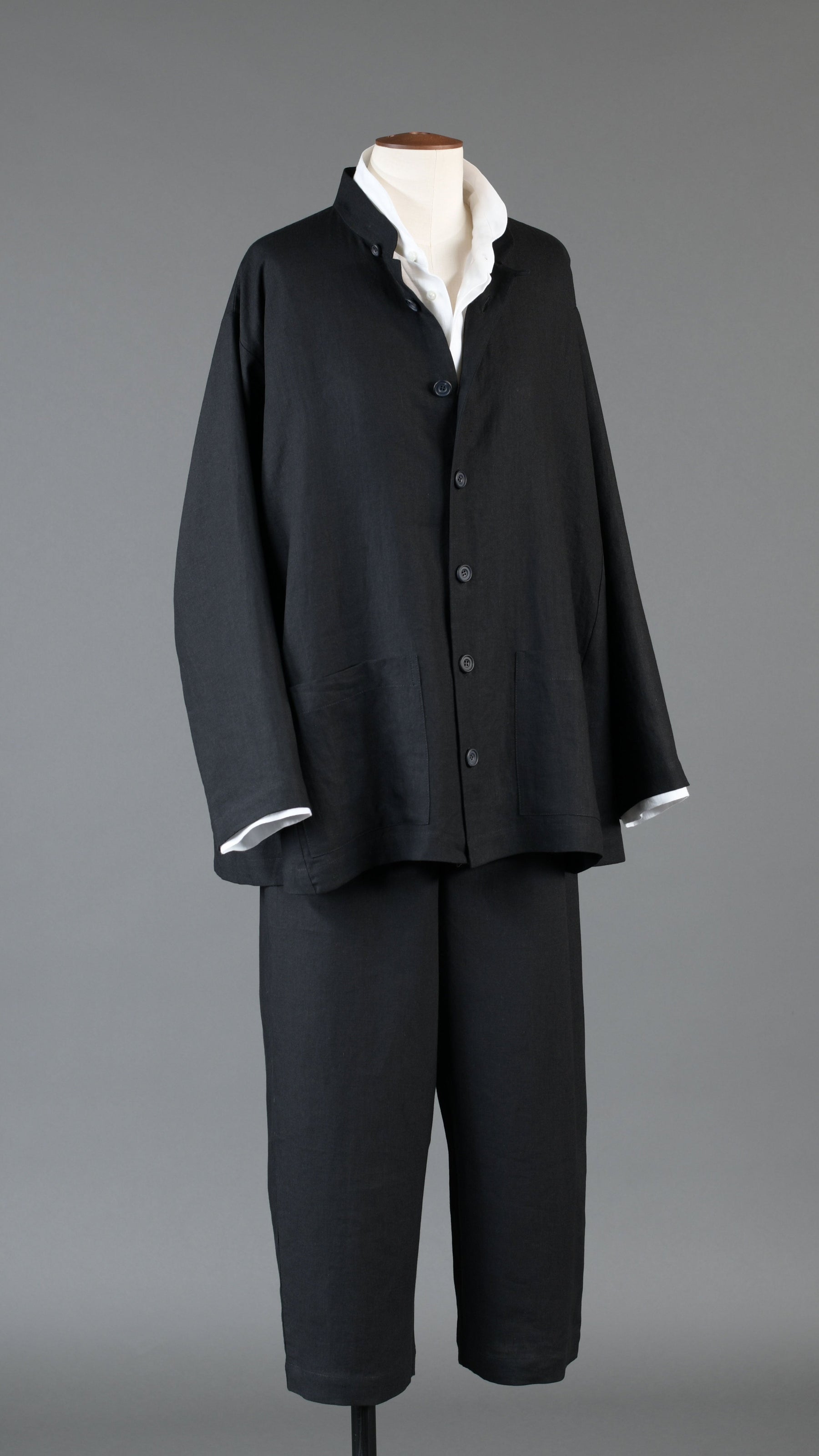 linen side panelled mandarin jacket - long in black