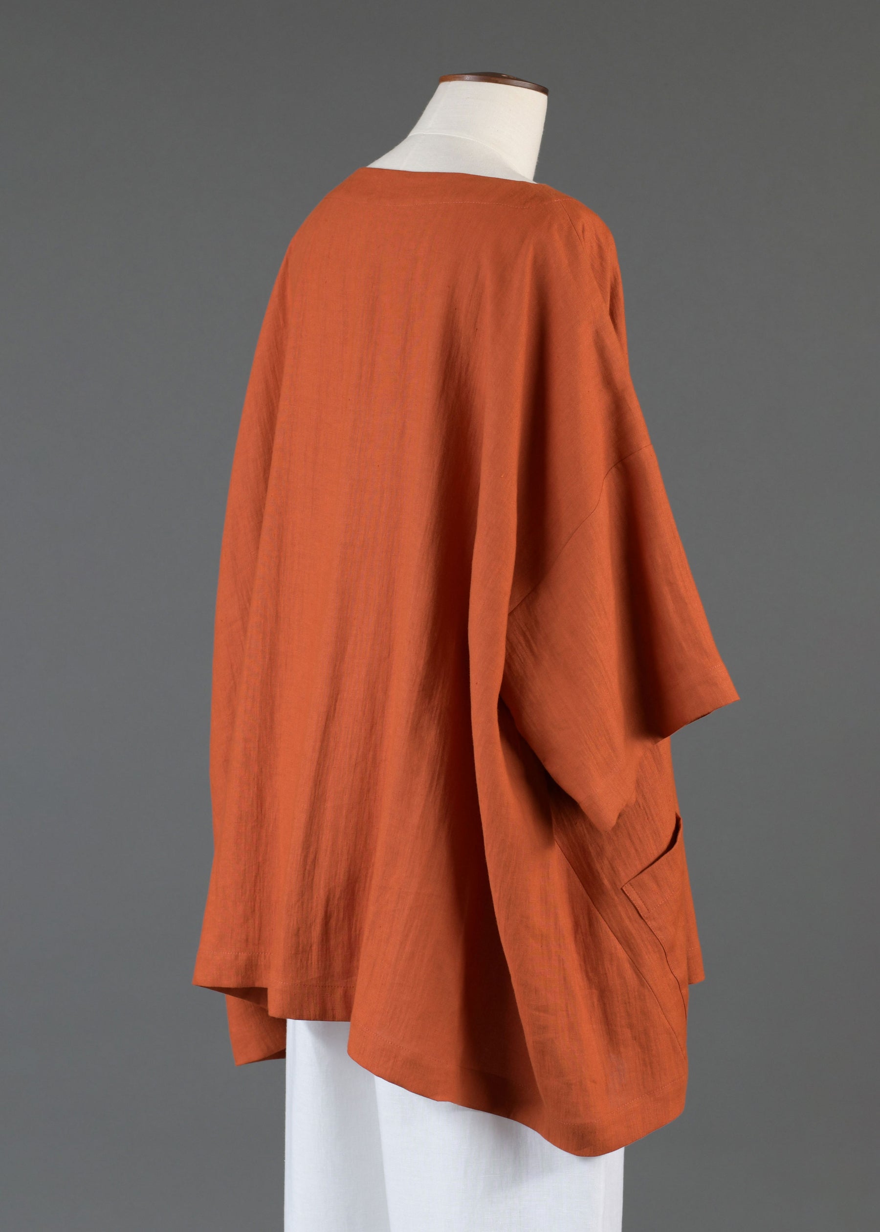 linen angle-to-front 3/4 sleeve scoop neck tunic - long in burntorange