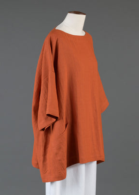 linen angle-to-front 3/4 sleeve scoop neck tunic - long in burntorange