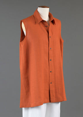 linen slim a-line sleeveless shirt with collar and side slit detail - long