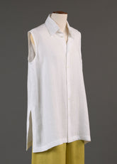 linen slim a-line sleeveless shirt with collar and side slit detail - long