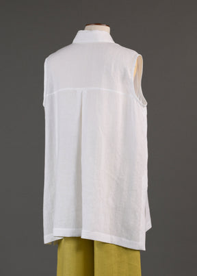 linen slim a-line sleeveless shirt with collar and side slit detail - long