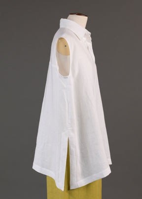 linen slim a-line sleeveless shirt with collar and side slit detail - long