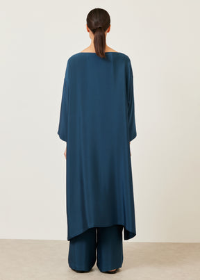 silk 3/4 sleeve wide A-line scoop neck dress - full length